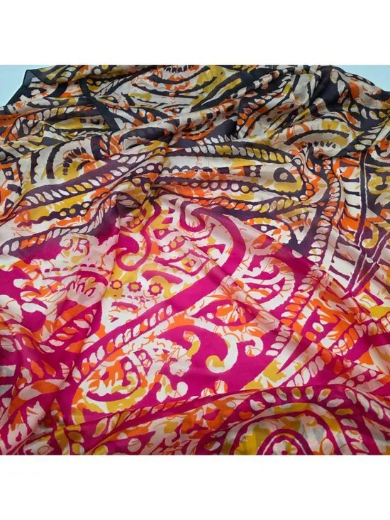 Vibrant Paisley Print Silk Large Wrap Scarf In Pink Orange & Black 42"x96" - Picture 7 of 9
